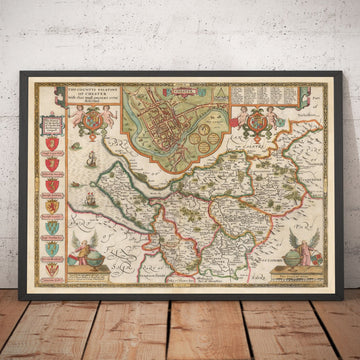 Antica mappa del Cheshire nel 1611 di John Speed - Chester, Warrington, Crewe, Runcorn, Liverpool, Wirral, Merseyside 