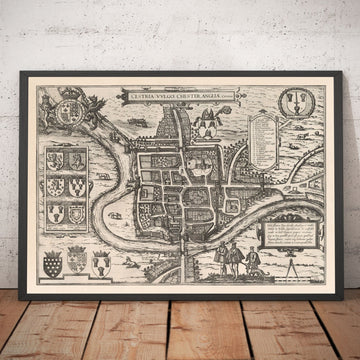 Mappa antica di Chester, Cheshire 1581 di Georg Braun - Castello, Cattedrale, Mura Romane 