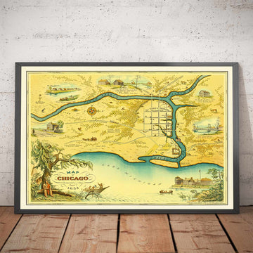 Alte Karte von Chicago, 1833 von Stelzer & Conley - 350 Einwohner. Stadt - Lake Michigan, Innenstadt, Chicago River 