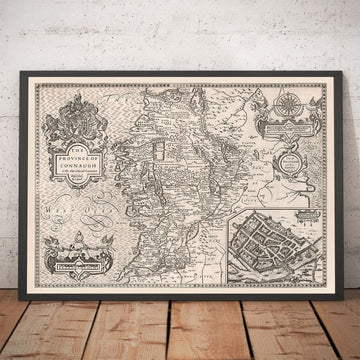 Alter monochromer Plan von Connacht, Irland 1611 von John Speed - Galway, Sligo, Mayo, Leitrim, Clare 