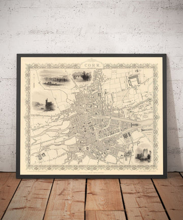 Old Map of Cork, Ireland, 1851 by Tallis & Rapkin - Victorian Quarter, Central, Popes Quay, River Lee, Munster