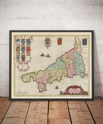 Alte Karte von Cornwall im Jahr 1665 von Joan Blaeu - Penzance, St Ives, Falmouth, Lands End, Padstow, Redruth, West Country 