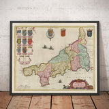 Viejo Mapa de Cornwall en 1665 por Joan Blaeu - Penzance, St Ives, Falmouth, Tierres End, Padstow, Redruth, País Oeste