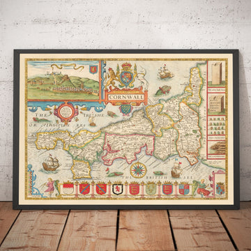 Viejo mapa de Cornwall, 1611 de John Speed ​​- Falmouth, Redruth, St Austell, Truro, Penzancia
