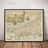 Vecchia mappa della Cornovaglia nel 1576 di Christopher Saxton - Penzance, St Ives, Plymouth, Lands End, Padstow, Monte San Michele, Lizard 