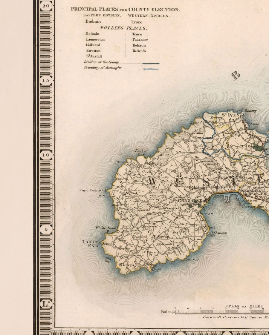 Mappa antica della Cornovaglia e delle Scilly, 1829 di Greenwood & Co. - Penzance, St Ives, Plymouth, Lands End, Padstow 