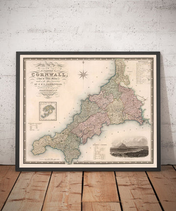 Old Map of Cornwall and Scilly, 1829 by Greenwood & Co. - Penzance, St Ives, Plymouth, Lands End, Padstow