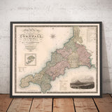 Viejo mapa de Cornwall y Scilly, 1829 de Greenwood & Co. - Penzance, St Ives, Plymouth, Tierres End, Padstow