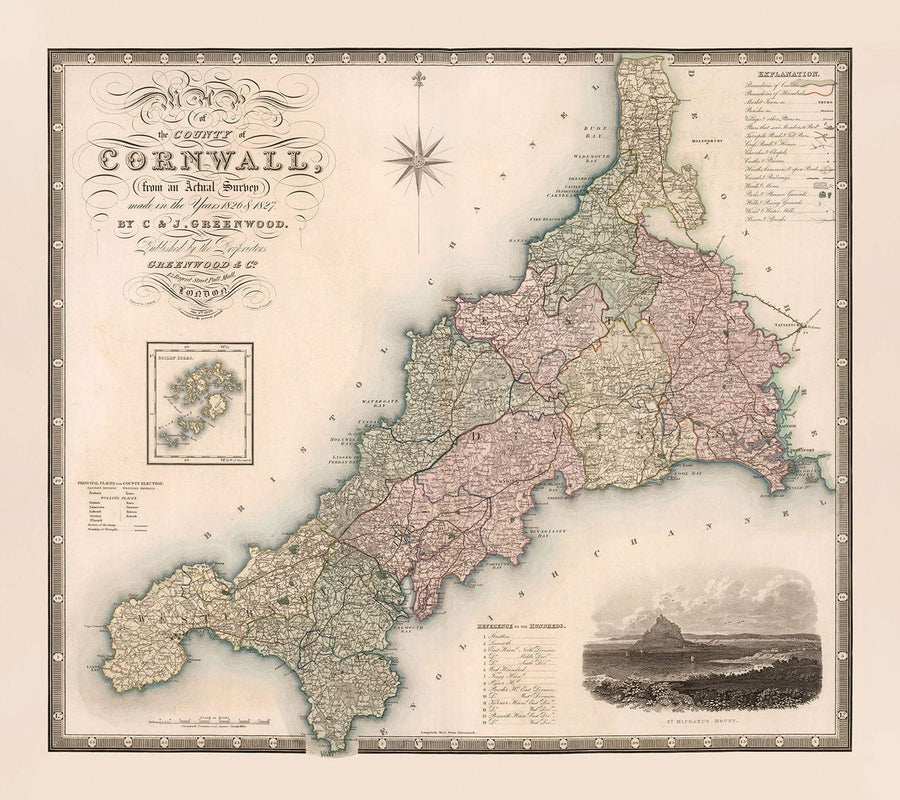 Mappa antica della Cornovaglia e delle Scilly, 1829 di Greenwood & Co. - Penzance, St Ives, Plymouth, Lands End, Padstow 