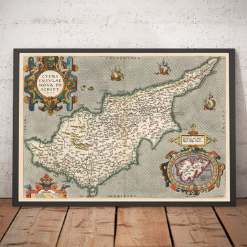 Rare Old Map of Cyprus by Abraham Ortelius, 1573 - Nicosia, Kyrenia, Famagusta, Limassol, Pafos