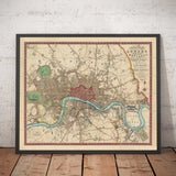 Mapa antiguo de Londres y sus alrededores en 1822 por Thompson - Isle of Dogs, Bermondsey, Deptford, Covent Garden, Westminster