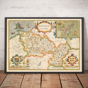 Mapa antiguo de Denbighshire Gales 1611 de John Speed ​​- Denbigh, Wrexham, Llandudno, Abergele