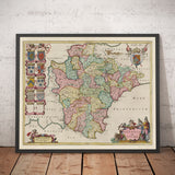 Viejo mapa de Devon en 1665 por Joan Blaeu - Plymouth, Exeter, Torquay, Paignton, Exmouth, Barnstaple, País Oeste