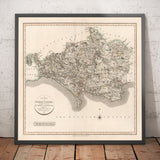 Mappa antica del Dorset nel 1806 di John Cary - Dorchester, Poole, Weymouth, Castello di Corfe, Wimborne Minster 