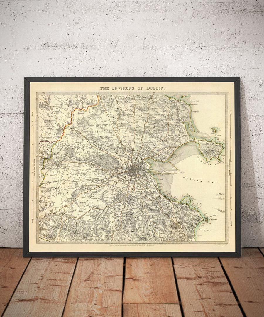 Antica mappa di Dublino e dei sobborghi, Irlanda, 1837 di SDUK - Leinster, Baia di Dublino, Grande Dublino 