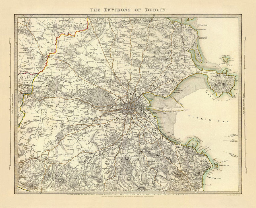 Antica mappa di Dublino e dei sobborghi, Irlanda, 1837 di SDUK - Leinster, Baia di Dublino, Grande Dublino 