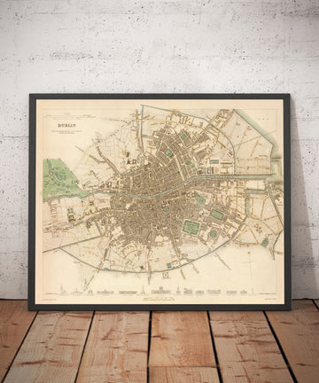 Ancienne carte de Dublin, Irlande en 1836 par WB Clark - River Liffey, Leinster, comté de Dublin