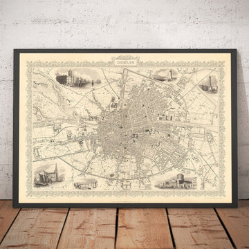 Ancienne Carte de Dublin, Irlande, 1851 par Tallis & Rapkin - Central, Temple Bar, Stoneybatter, Docklands, Liffey, Leinster