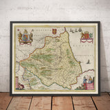 Mapa antiguo del condado Durham, 1665 de Joan Blaeu - Darlington, Stockton-on-Tees, Sunderland, Hartlepool, Newcastle, Gateshead