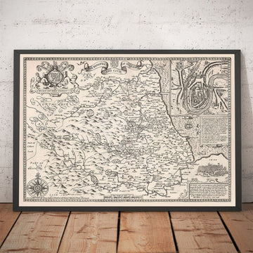 Mapa monocromo antiguo del condado Durham, 1611 de John Speed ​​- Darlington, Stockton-on-Tees, Sunderland, Newcastle