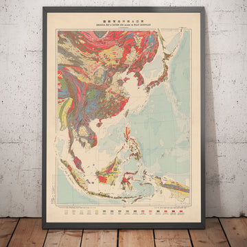 Alte geologische Karte von Ostasien und dem Malaiischen Archipel im Jahr 1932 von der Geologischen Gesellschaft Tokio - Japan, China, Indonesien, Vietnam, Taiwan 