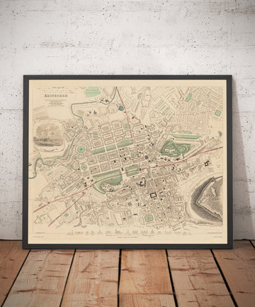 Alte Karte von Edinburgh, Schottland, im Jahr 1853 von WB Clarke und George Cox - Waverley, Altstadt, Neustadt, Schloss, Eisenbahn, Arthur&