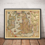 Alte Farbkarte von England und Irland im Jahr 1605 von Abraham Ortelius - Geschichte & Monarchie Stammbaum - Stuarts, Tudors, Plantagenets 
