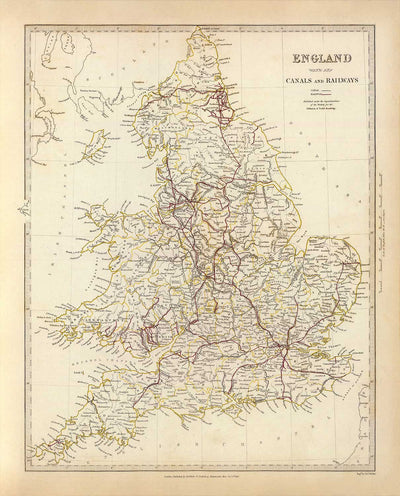 Antiguo mapa de los ferrocarriles y canales de Inglaterra y Gales en 1837 por SDUK - Transporte, Ferrocarriles, Ferrocarriles Nacionales, Ríos