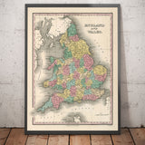 Mapa antiguo de los condados de Inglaterra y Gales, 1827 - Mapa histórico de los condados - Westmoreland, Sussex, Rutland