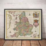 Alte Karte von England und Wales aus dem Jahr 1665 von Joan Blaeu - Seltene Karte mit alten Grafschaften 