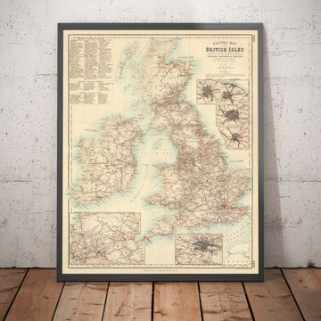 Ancienne carte des chemins de fer et canaux dans les îles britanniques 1872 par FullArton - Color Train Carte d&