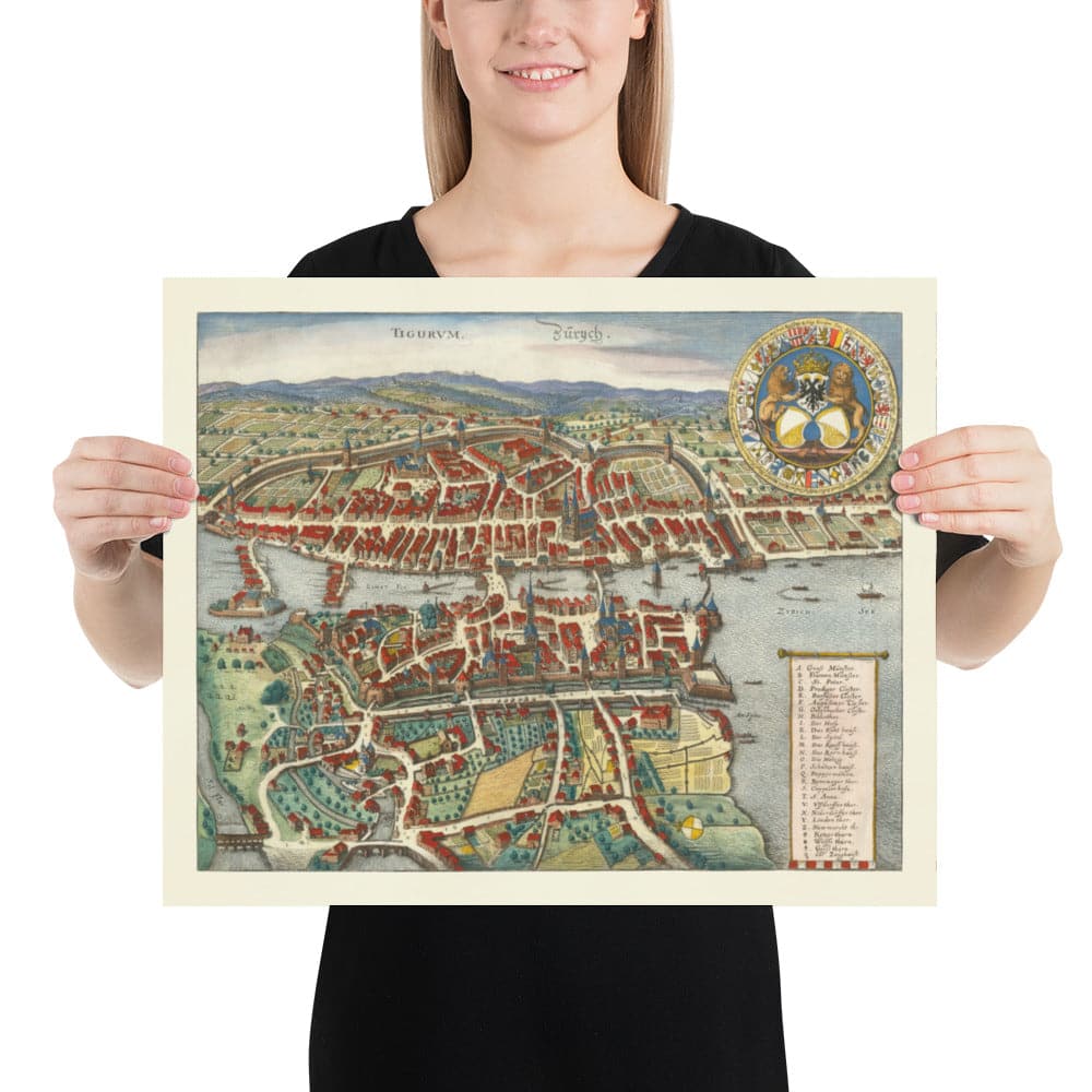 Viejo mapa de Zurich, Suiza 1638 de Matthaus Merian - Lago Zurich, Río Limmat, Canales, Paredes del castillo, Escudo de armas