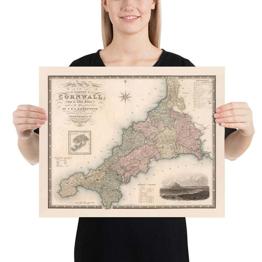 Mappa antica della Cornovaglia e delle Scilly, 1829 di Greenwood & Co. - Penzance, St Ives, Plymouth, Lands End, Padstow 