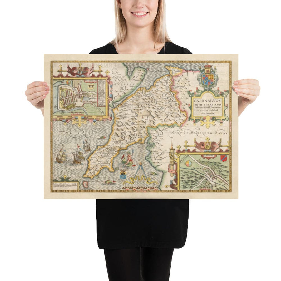 Mappa Antica di Caernarfonshire Wales, 1611 di John Speed - Caernarfon, Snowdon, Gwynedd, Bangor, Conwy, Llandudno 