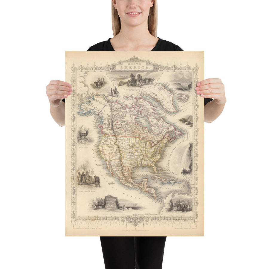Mappa antica del Nord America, 1851 di Tallis & Rapkin - USA, Canada, Messico, Eschimesi, Castori, Nativi illustrati 