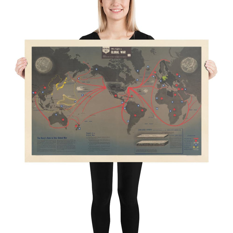 NAVWARMAP N ° 6 - Old World War 2 map, 1944 - Carte éducative et propagande de la marine américaine - Maritime Allies vs. Tableau mural nazi