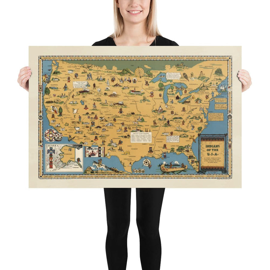 Mappa antica dei nativi americani, 1944 - Indiani degli USA: Localizzazione storica delle tribù Navajo, Cherokee, Chippewa, Sioux, Choctaw, Apache e altro 