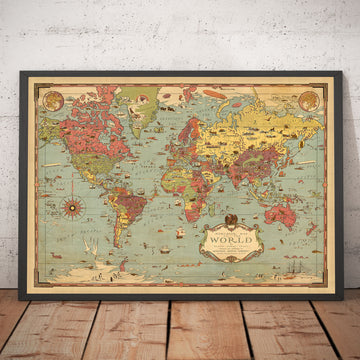 Ancienne carte Mercator du monde en 1931 par Ernest Dudley Chase - Monstres mythiques, pyramides, points de repère