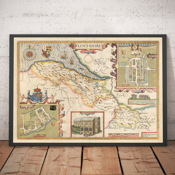 Viejo mapa de Flintshire Gales, 1611 por John Speed ​​- Flint, Molde, Chester, Wrexham