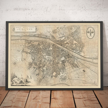 Alte Karte von Florenz, Firenze, 1847 von Molini & Ruggieri - Uffizien, Santa Croce, Santo Spirito, Dom, Plätze, Paläste, Ponte Vecchio 