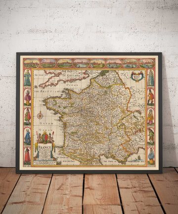 Viejo mapa a mano de Francia, 1627 por John Speed ​​- Bélgica, Normandía, Bretaña, Costa Azur, Pirineos