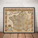 Viejo mapa a mano de Francia, 1627 por John Speed ​​- Bélgica, Normandía, Bretaña, Costa Azur, Pirineos