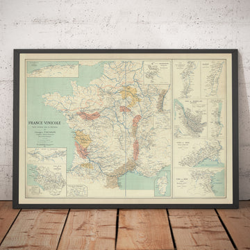 Old Map of French Wine Growing Regions, 1924 - Bordeaux, Rhone, Champagne, Burgundy, Alsace, Cognac