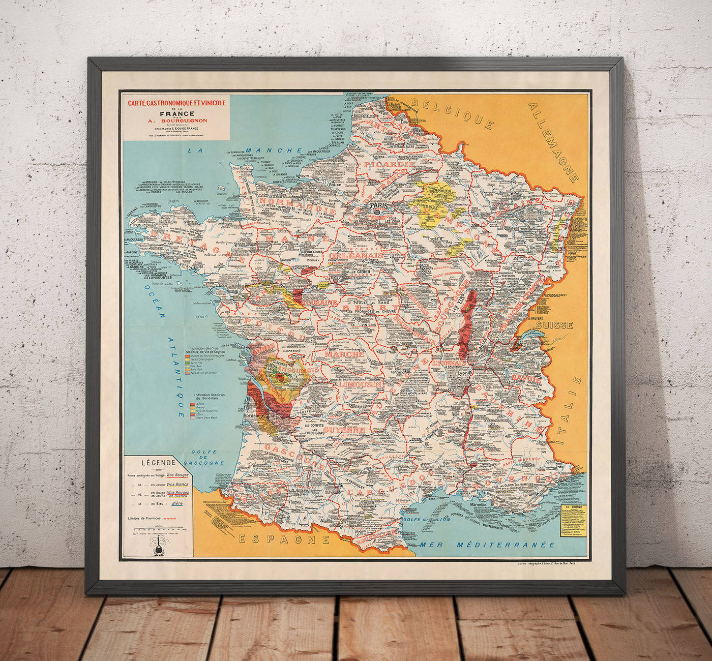 Antiguo mapa gastronómico de Francia en 1932 por Alain Bourguignon - Comida francesa, Michelin, Champagne, Burdeos, Mantequilla, Queso, etc.