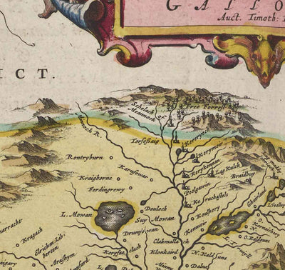 Ancienne carte de Galloway en 1665 par Joan Blaeu - Dumfries, Glenluce, Wigtown, Whithorn, Drummore