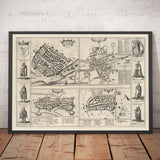 Viejo mapa de Dublín, Limerick, Cork y Galway en 1618 por Georg Braun - Llámags de la antigua ciudad Eire