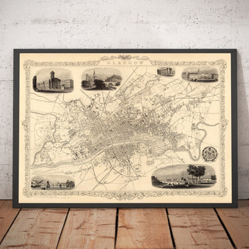 Ancienne carte de Glasgow, 1851 par Tallis & Rapkin - River Clyde, Argyle St, Central, Université