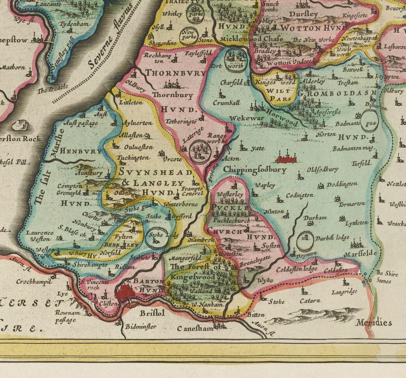 Antiguo mapa de Gloucestershire en 1665 por Joan Blaeu - Bristol, Cheltenham, Gloucester, Kingswood, Filton, Stroud