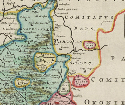 Antiguo mapa de Gloucestershire en 1665 por Joan Blaeu - Bristol, Cheltenham, Gloucester, Kingswood, Filton, Stroud