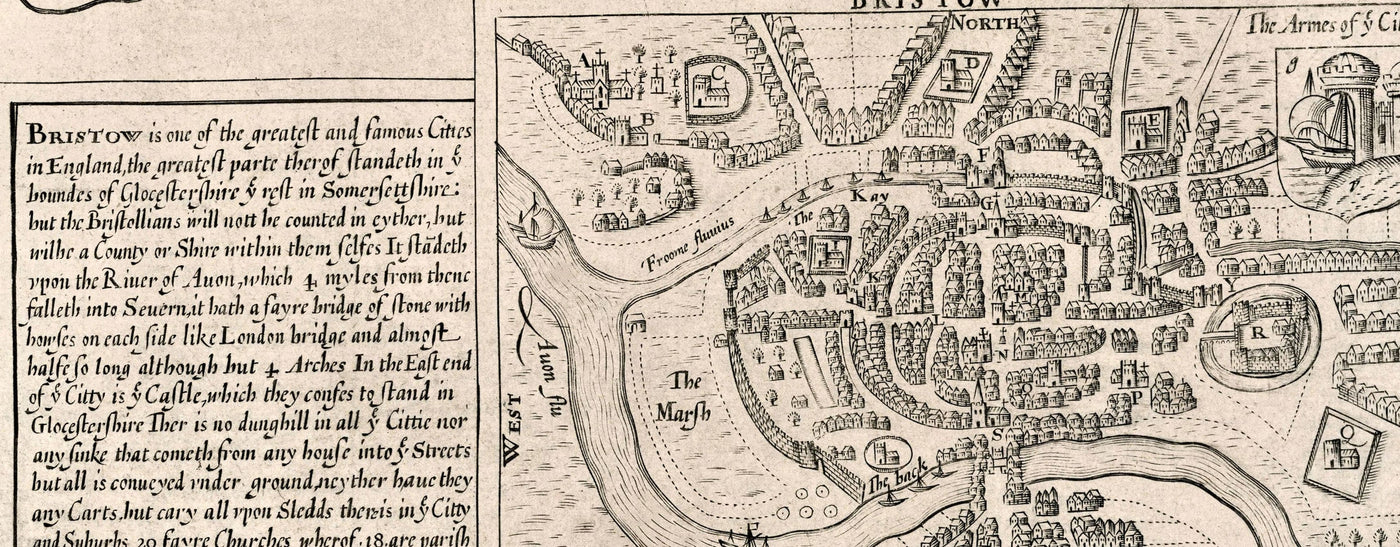 Viejo mapa de Gloucestershire, 1611 de John Speed ​​- Bristol, Cheltenham, Gloucester, Kingswood, Filton, Sur